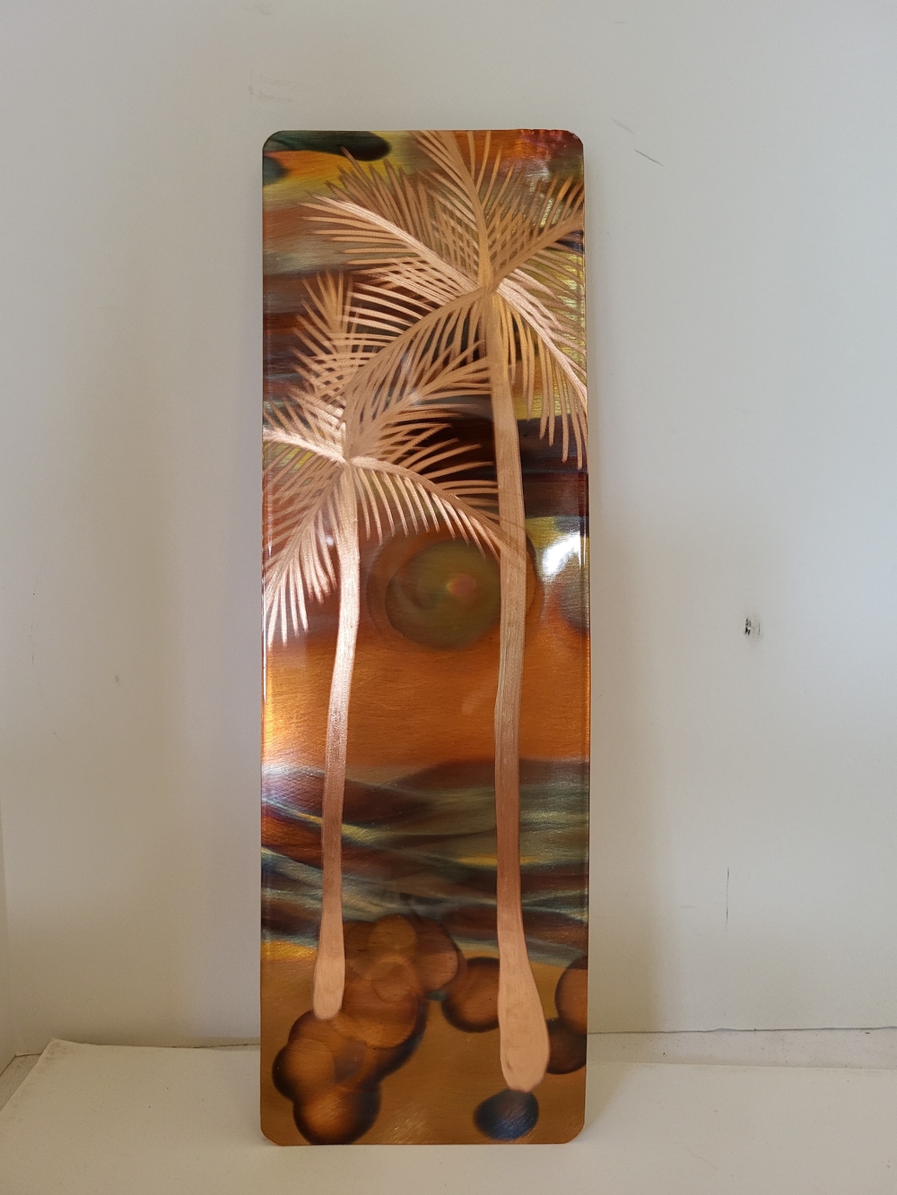 Vintage Genevieve Golan Signed Copper Flame "Palm Beach" Wall Art Hawaii 12"×4"
